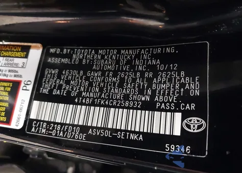 2012 Toyota Camry Le z USA, uszkodzony, nr VIN 4T4BF1FK4CR258932